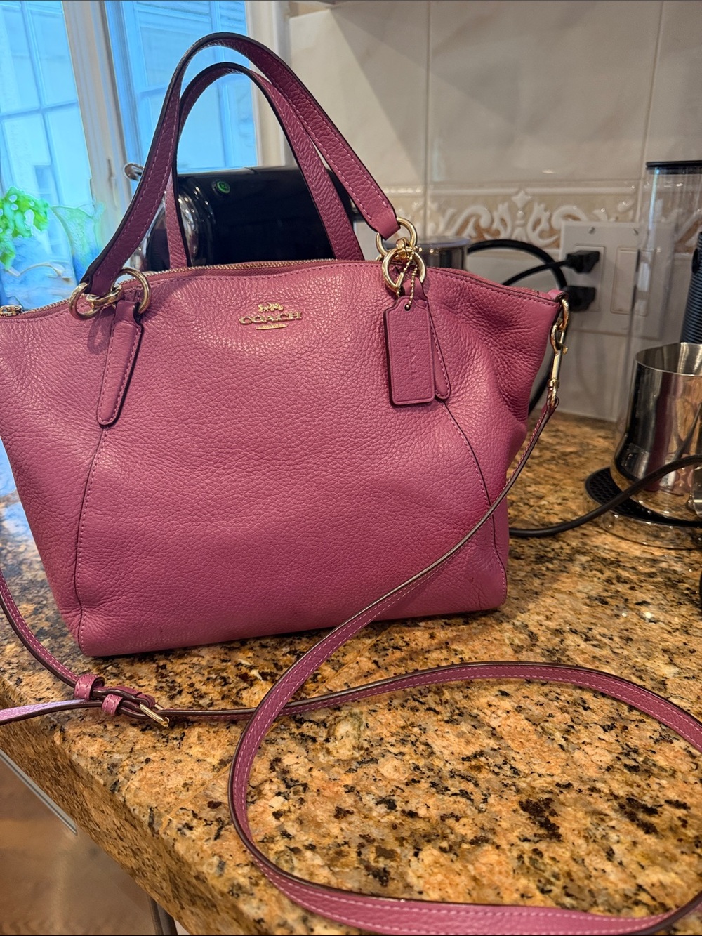 Coach Berry Plum Satchel leather handbag & crossbody strap logo luggage tag